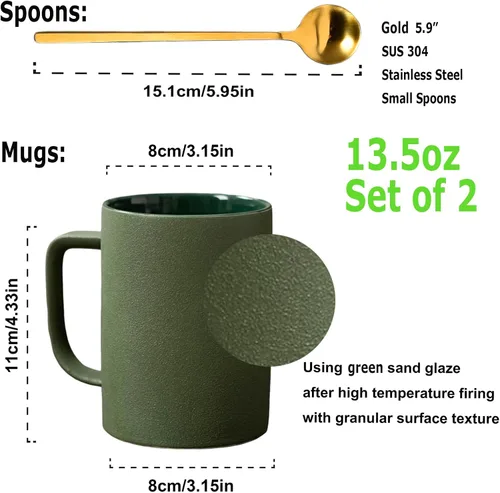 Miniatura 2 de Tazas de café mate de porcelana esmerilada, taza de té para oficina en casa, restaurante, tazas con cucharas de café largas y pequeñas, juego de 2