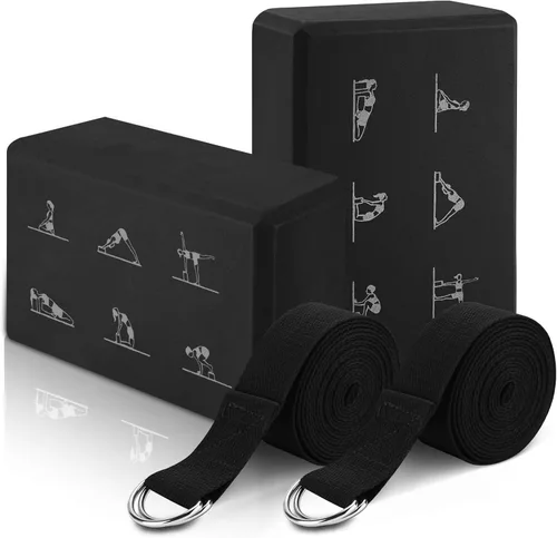 RETON Juego de bloques de yoga con correas, ladrillos de yoga de alta densidad, bloque de pilates de espuma EVA ligera, 2 bloques de yoga con 2