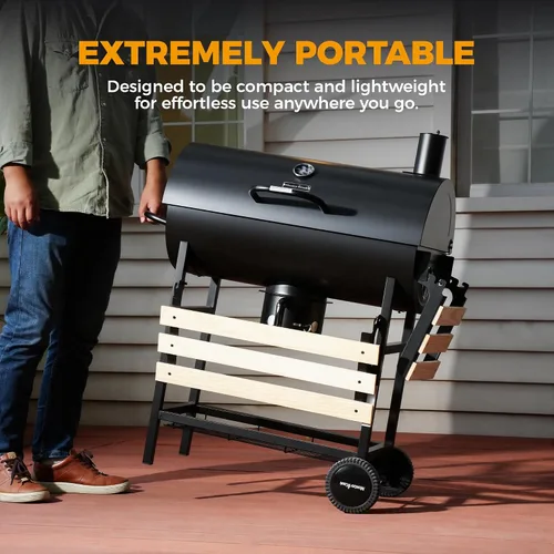 Miniatura 6 de MASTER COOK Parrilla de carbón de barril con estante frontal plegable de madera, 686 pies cuadrados área de cocina al aire libre, termómetro