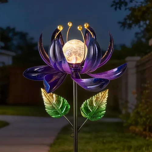 AIINY Molino de viento de flores de metal púrpura solar, molino de viento giratorio colorido Lotus Yard Art Lights Molinillos de viento con bola de