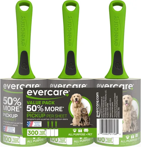 Evercare Rodillos multiusos para pelusas de mascotas, paquete de 3, 100 hojas cada uno, rodillo adhesivo reutilizable para pelo de mascotas, gatos y