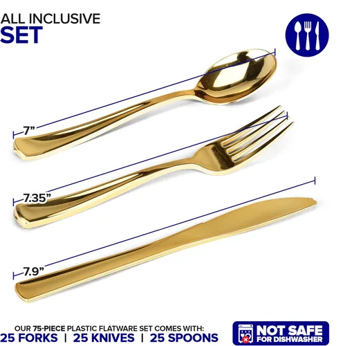 Miniatura 2 de Juego de cubiertos de plástico resistente (dorado) de 75 piezas, juego de cubiertos desechables, ideal para fiestas, bodas y catering, cubiertos