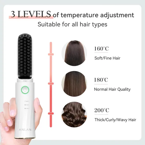 Miniatura 5 de ANLAN Cepillo alisador de pelo inalámbrico portátil para viajes, mini peine alisador iónico caliente para mujeres, recargable y apto para viajes