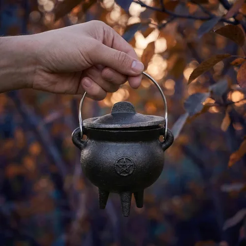 Miniatura 7 de DOITOOL Caldero de hierro fundido con tapa y asa, caldero de bruja de Halloween, olla de bruja negra para manchar, quemar incienso, decoración