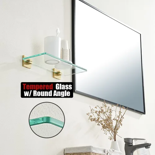 Miniatura 6 de JQK Estante de baño de vidrio dorado, vidrio templado para almacenamiento en la ducha de 8 por 5 pulgadas, acero inoxidable 304 dorado cepillado