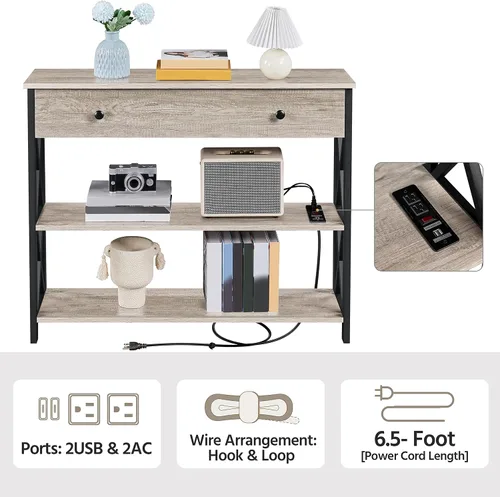Miniatura 4 de Yaheetech Mesa consola con tomas de corriente y puertos USB, mesa de entrada de madera con cajón y estantes abiertos, mesas de sofá estrechas