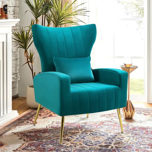 Miniatura 15 de Sillas decorativas de terciopelo con respaldo de ala y almohada lumbar, sillón moderno para sala de estar, dormitorio, silla auxiliar de recepción