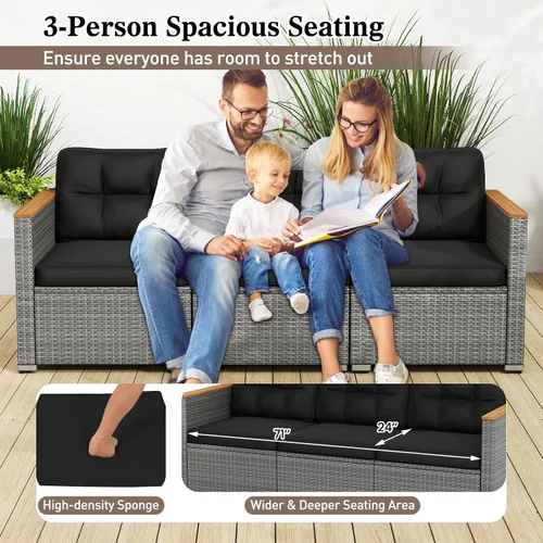 Miniatura 5 de Tangkula Sofá de mimbre para patio de 3 asientos, juego de muebles de ratán de 3 plazas con reposabrazos de madera de acacia y cojín grueso, sofá
