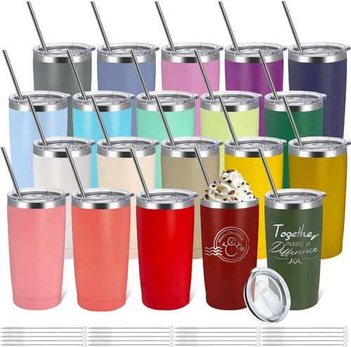 YOUKE OLA Paquete de 20 vasos de acero inoxidable a granel de 20 onzas, taza de viaje aislada al vacío, taza de café con recubrimiento en polvo,