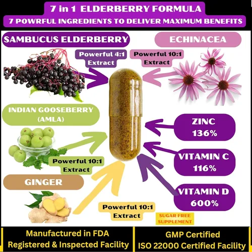 Miniatura 3 de 7 veces saúco con zinc, vitamina C, vitamina D, equinácea, jengibre y grosella espinosa india (Amla). Cápsulas de saúco prémium de 90