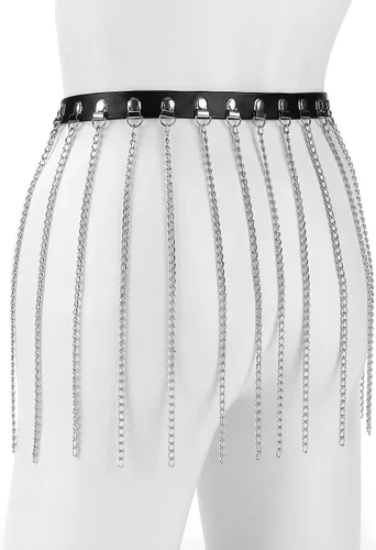 Miniatura 4 de Ayliss Cinturón de cadena de cintura punk para mujer, borla de metal, piel sintética, vintage, rockero, cinturón de vestir para jeans, pantalones