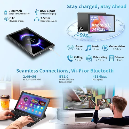 Miniatura 6 de Tablet Android 15 de 10 pulgadas con teclado - 24 GB (4+20) RAM+128 GB de ROM (expandible a 1TB), tabletas 2 en 1 con 8 núcleos, 7200 mAh, WiFi 5G