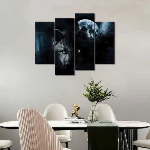Miniatura 6 de Arte de pared de 4 paneles de lobo negro y luna llena, impresión sobre lienzo, imágenes de animales para decoración del hogar, pieza de regalo