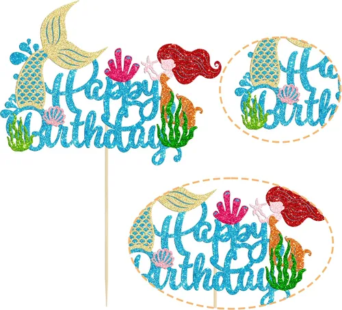 Miniatura 3 de Gyufise 1 pieza de decoración de pastel de sirena de feliz cumpleaños con purpurina de animales del océano, conchas marinas, cola de sirena