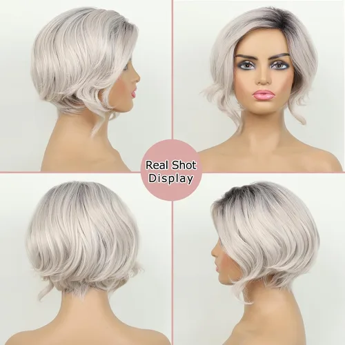 Miniatura 2 de TISHINING Pelucas cortas onduladas de color gris degradado para mujeres negras, longitud de barbilla, pelucas onduladas en capas grises mixtas