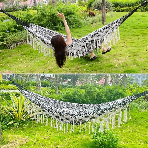Miniatura 5 de Hamaca doble con flecos bohemios a rayas negras con flecos, cama colgante de tela de algodón suave para interiores y exteriores con cuerdas