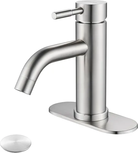 Grifo de lavabo de baño de un solo agujero, níquel cepillado, moderno grifo de baño de una sola manija comercial de acero inoxidable con drenaje