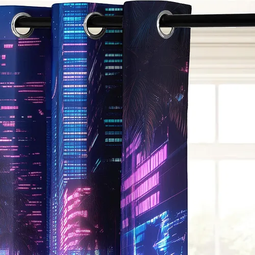 Miniatura 4 de Synthwave - Cortinas opacas para ventanas de cocina, cortinas de neón Cyberpunk City para decoración de dormitorio, sala de estar, cortinas retro