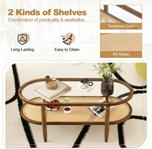 Miniatura 4 de Giantex Mesa de centro de ratán, mesa de té de madera ovalada de 2 niveles con mesa de vidrio templado y estante de almacenamiento de ratán de Negro