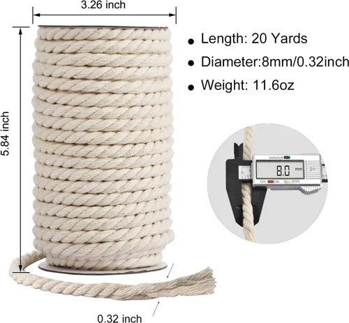 Miniatura 2 de Cuerda de Algodón 8mm x 20 Yardas - Cuerda de Macramé Natural Sin Blanquear - Cuerda de Algodón Trenzada de 3 Hilos para Colgar en la Pared, Blanco