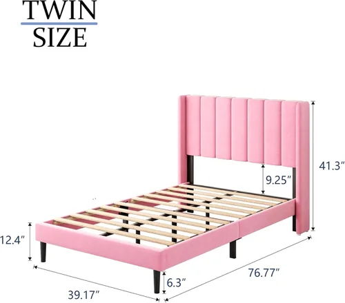 Miniatura 2 de Gruwans Marcos de Cama Tamaño Doble con Cabecera con Respaldo de Ala, Marco de Cama Plataforma de Fácil Montaje, Soporte de Listones de Madera Rosado