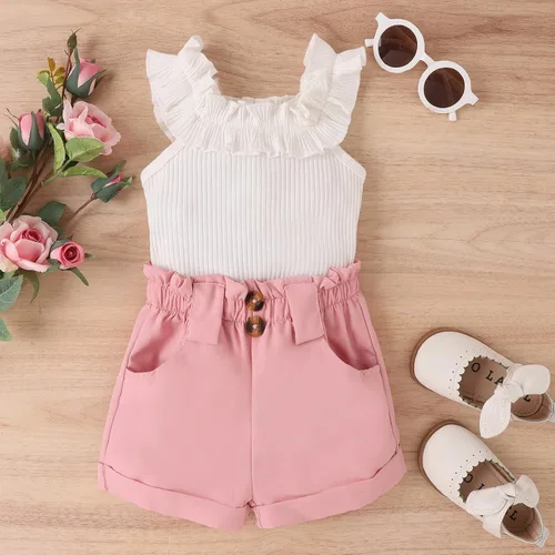 Miniatura 85 de TheFound Trajes de verano para niñas pequeñas, sin mangas, de punto acanalado, halter, pantalones cortos, ropa para recién nacidos, conjunto de 3