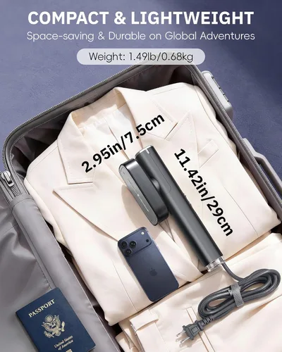 Miniatura 6 de OGHom Vaporizador para ropa, vaporizador de viaje de 110-240 V y plancha 2 en 1, potente vapor de 1000 W, removedor de arrugas de prendas portátil
