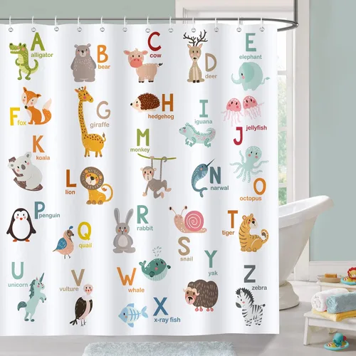 Cortina de ducha Bonhause para niños ABC, linda decoración educativa del alfabeto animal para baño de niños pequeños, 72 x 72 pulgadas, tela de