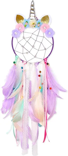 QtGirl Atrapasueños de unicornio para niños, decoración de pared para dormitorio de niñas, flor, pluma, decoración colgante Morado