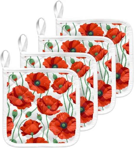Miniatura 10 de Paquete de 2 soportes para ollas para cocina, flores de amapola naranja, a prueba de calor, con lazo para colgar, soportes para ollas calientes