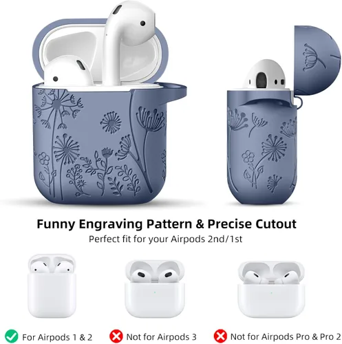 Miniatura 7 de Lerobo - Funda grabada con flores para estuche de AirPods, protector de silicona suave y elegante con llavero, compatible con estuche de carga