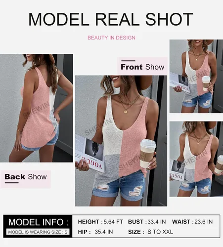 Miniatura 3 de SHEWIN Blusa sin mangas de punto con cuello en V para mujer, casual, bloque de color, holgada, sin mangas
