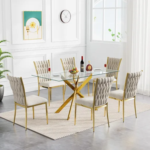 Miniatura 30 de Juego de mesa de comedor de cristal para cocina de 4, 5 piezas, mesa de comedor rectangular de 51 pulgadas con 4 sillas de cocina de terciopelo