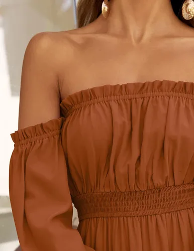 Miniatura 124 de ZESICA - Vestido largo, bohemio y sexy, con hombros descubiertos y manga larga fruncida, con elástico fruncido, cintura alta y abertura lateral
