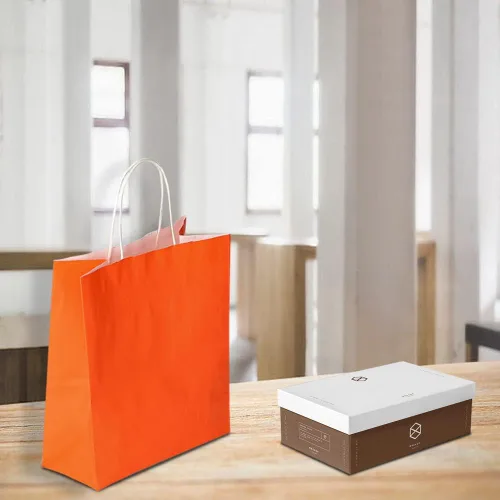 Miniatura 7 de Oikss Paquete de 100 bolsas de papel kraft naranja medianas de 8 x 4.75 x 10 pulgadas con asas a granel para cumpleaños, bodas, fiestas