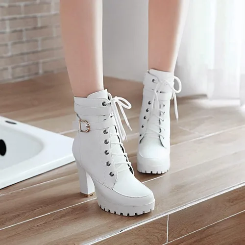 Miniatura 4 de MIOKE Botines elegantes con plataforma de punta redonda para mujer, con cordones, cierre de cremallera, tacón alto, botines cortos