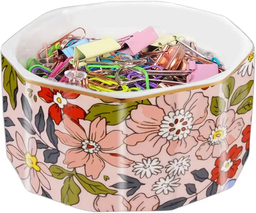 Miniatura 11 de Portaclips de Cerámica con Línea Dorada Dispensador Organizador de Clips para Escritorio Lindo Patrón de Mármol Terrazo Portaclips de Oficina