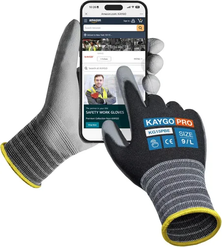Miniatura 26 de KAYGO KG15P - Guantes de trabajo con revestimiento de poliuretano, nailon Lite, para la seguridad, revestimiento de poliuretano gris, muñeca de Azul