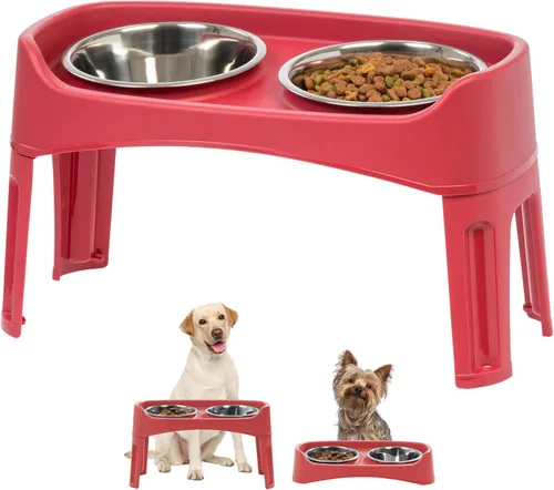 Miniatura 11 de IRIS USA Cuencos elevados para perros, soporte ajustable, estación de alimentación elevada con 2 cuencos de acero inoxidable de 64 onzas, protector