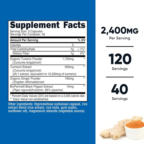 Miniatura 2 de Nutricost Cápsulas de Cúrcuma + Jengibre con Bioperine, 2400mg Por Porción, 120 Cápsulas - Sin OMG, Sin Gluten, 40 Porciones