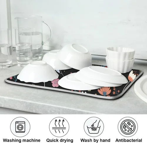 Miniatura 7 de Tapete de secado de platos de flores de fondo negro para encimera de cocina de 18 x 24 pulgadas, tapete de microfibra absorbente, tapete de secado