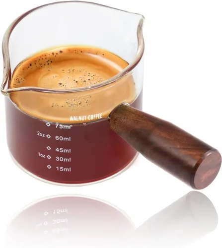 Vaso de chupito de café expreso hecho a mano con boquilla doble de 3.5 onzas con mango de nogal americano, taza medidora de espresso, taza medidora