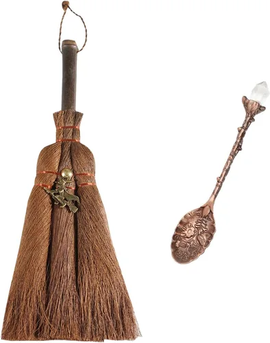 Escoba de altar de bruja de 9.4 pulgadas en miniatura con cepillo Wicca para ceremonias mágicas, rituales Wiccan de Halloween y cucharas de café