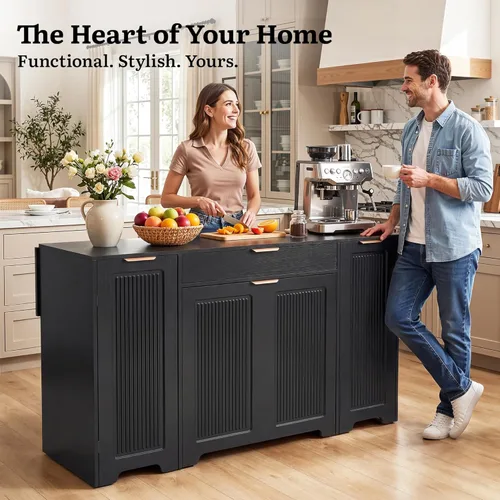 Miniatura 2 de YITAHOME Expandable Kitchen Island with Hidden Trash Cabinet, 55.1" Rolling Kitchen Island with Drop Leaf, Storage Drawer & 3-Tier Side Shelves