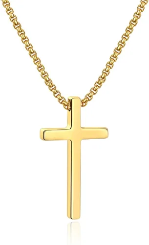 Ursteel - Collar con dije de cruz de acero inoxidable para hombre, cadena de eslabones cuadrados de 16 a 30 pulgadas, color plateado, negro, dorado