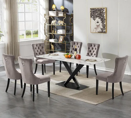 Miniatura 18 de Juego de mesa de comedor de mármol blanco para 4, 70 pulgadas, mesa de comedor de mármol blanco con 4 sillas de terciopelo beige y base de acero al