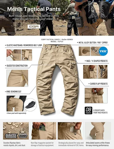 Miniatura 8 de CQR Pantalones tácticos para hombre, resistentes al agua, pantalones cargo Ripstop, ligeros EDC trabajo, senderismo, ropa para exteriores