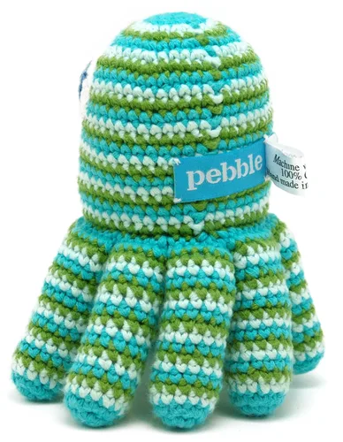 Miniatura 3 de Pebble Sonajero de bebé de pulpo hecho a mano, rayas verdes, océano, playa, costero, juguete de ganchillo para bebé, comercio justo, lavable a