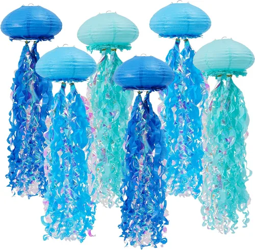 Miniatura 11 de Decoraciones de cumpleaños de sirena, linternas de papel de medusas rosadas lavanda azul, escamas de sirena colgantes en forma de linterna