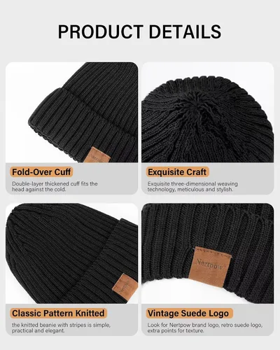 Miniatura 4 de Nertpow Mens Beanie Hats 3 Pack, Winter Hats for Men Women Warm Thermal Fleece Lined, Thick Knit Fashion Skull Cap for Guys